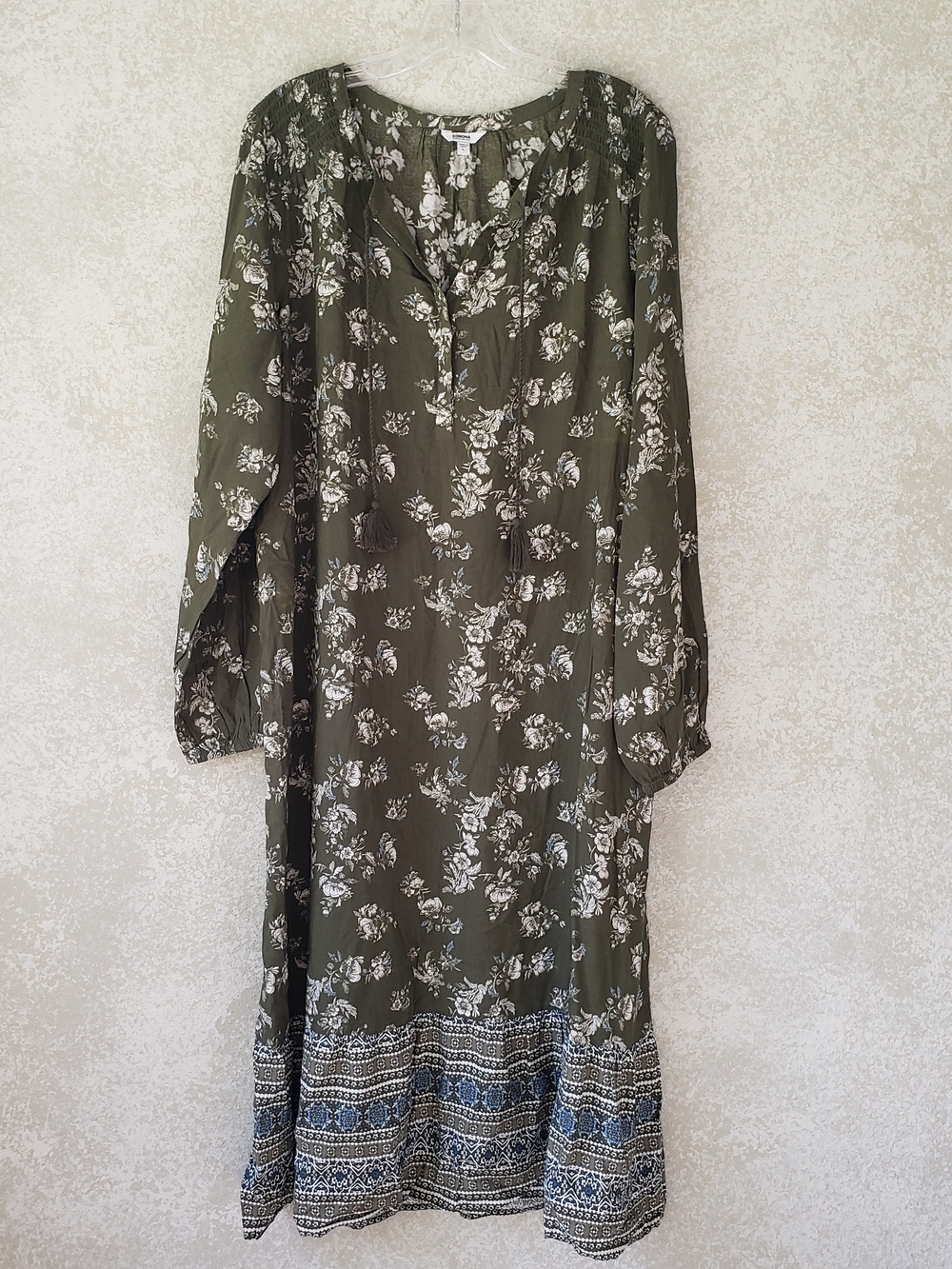 Sonoma Olive Green Floral  Dress Large‎ Boho Border Print Flare Hem